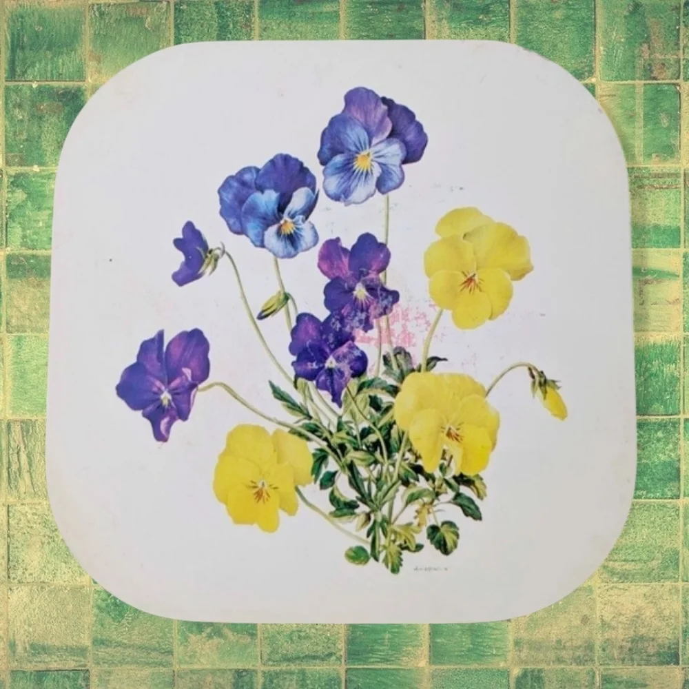 TRUE VINTAGE Trivet Pansy Tray Pot Holder 1950 Cork White Yellow Violet